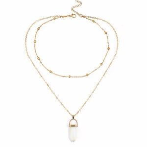 OPAL GOLD PLATED CRYSTAL DROP CHARM CHOKER DOUBLE LAYER NECKLACE - BRAND NEW
